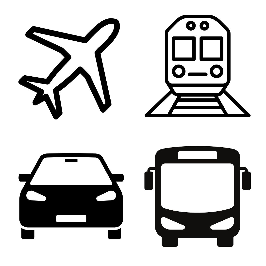 Untitled design - 1 Icons showing airplane, train, car, bus